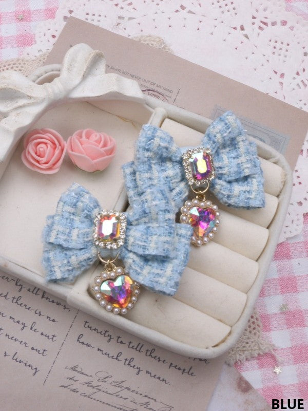 Jirai Tweed Charm Bowknot Heart 6 Hairclip Rhinestone Color Kei Options