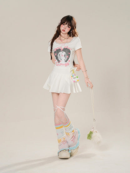 Rock mit Akzenten Charm JK Uniform Weiß Hohe freie Taille Bowknot