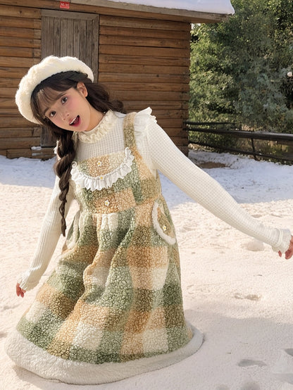 Green Floral Button Details Lace Trim Plaid Fleece Overall Dress with Pockets