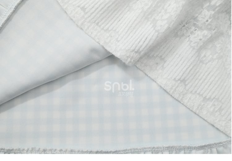 Blue and White High-Waisted Lace Patchwork Plaid Mori Kei Skirt