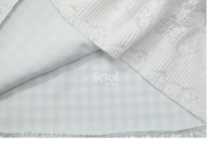 Blau-weißer Mori Kei-Rock mit hoher Taille und Patchwork-Karomuster