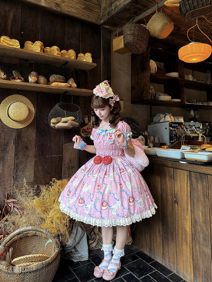 Sweet Kitty Mieder Lolita Print Einteiler gesmokt rosa elastische Schleifen und