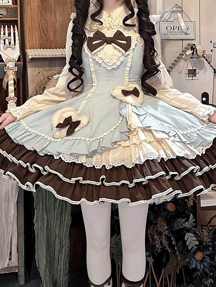 Dress Ruffles Lace Chocolate Patch Bow Mint with Lolita JSK Sweet Green Heart Embellished and