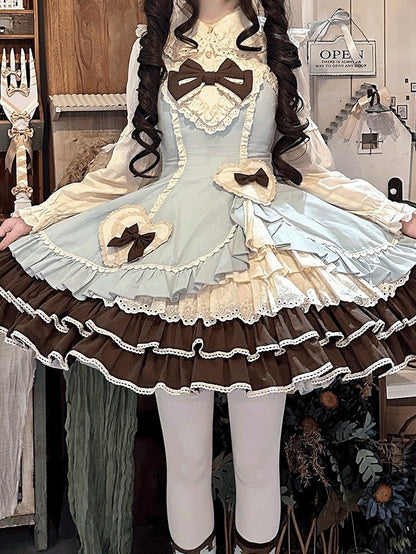 Dress Ruffles Lace Chocolate Patch Bow Mint with Lolita JSK Sweet Green Heart Embellished and