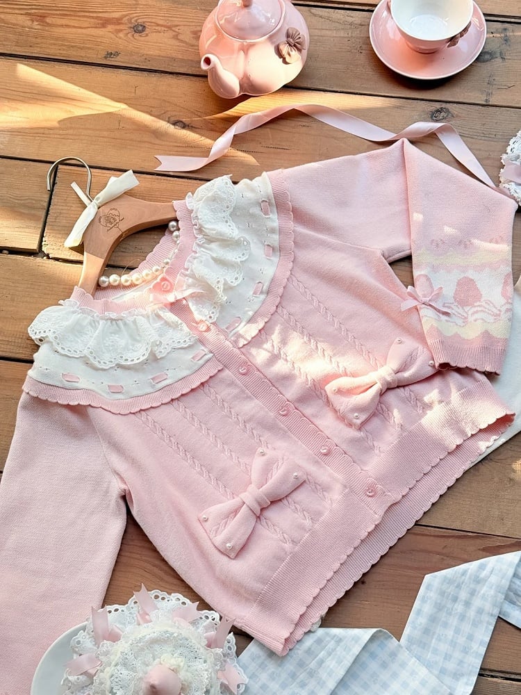 Lolita White with Sweet Pink Decorations Bow Cardigan