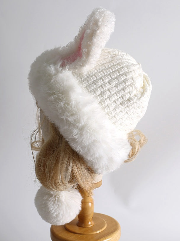 White Sweet Lolita Bunny Ears Plush Hat With Pompons