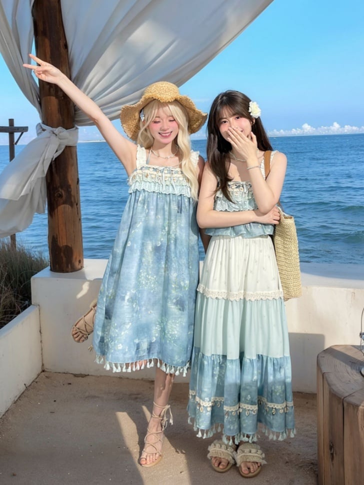 Dye Tie Charm Blue Sleeveless Dress Ruffles Bohemian Tassel Hem Shell Tiered