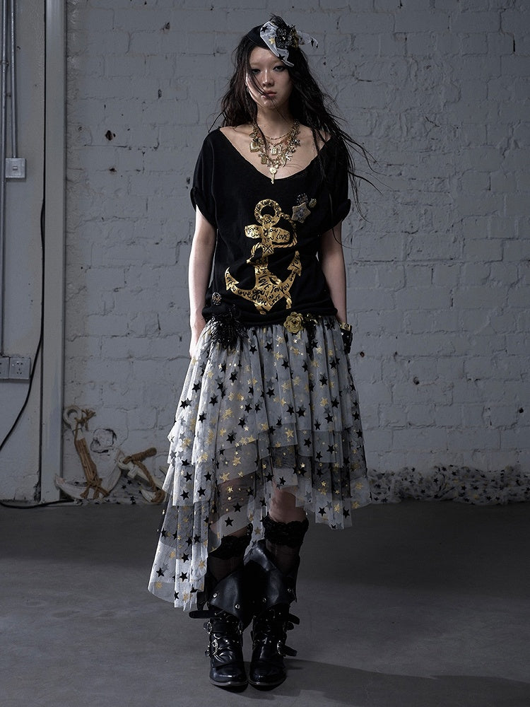 Schwarz/Weißes Navycore-Grafik-T-Shirt im Distressed-Design