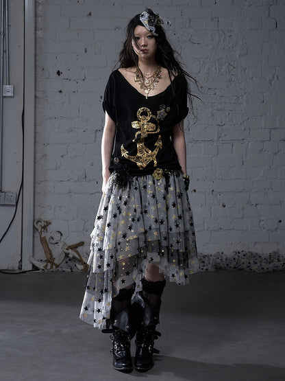 Schwarz/Weißes Navycore-Grafik-T-Shirt im Distressed-Design