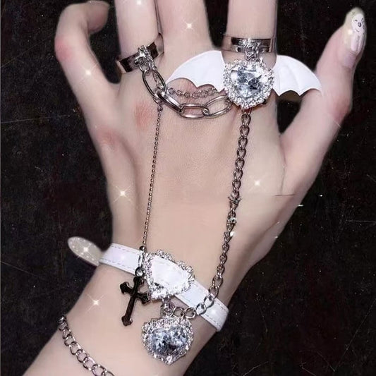 with Design Chains PU Ring Wings Heart Gothic Bracelet Bat Rhinestone