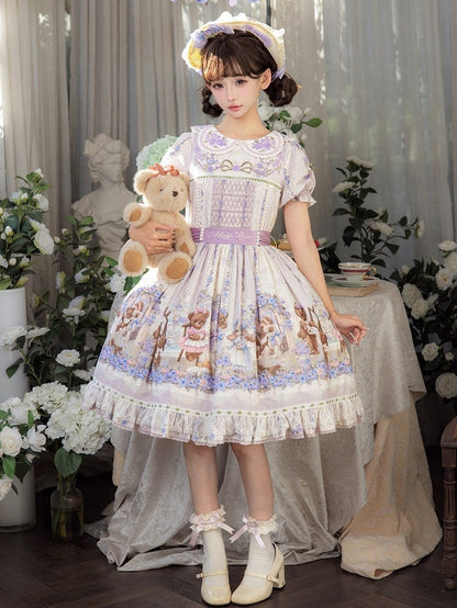 Cute Bear Print OP Dress with Purple Floral Embroidery, Doll Collar & Puff Sleeves - Stars Fall on the Foggy Island