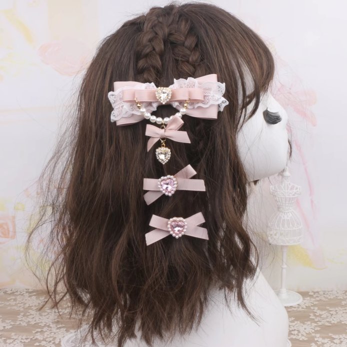Hairclip 4 Heart Jirai Rhinestone Color Options Bowknot Kei