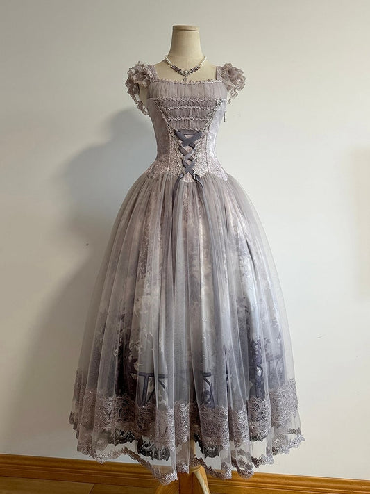 + Print Lolita Tulle Corset Purple Long 128cm) Floral Lace-up Top Hem Skirt Wisteria (Full Length with