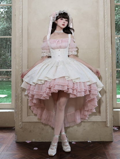 Gothic Underbust JSK Dress with Off-Shoulder Blouse, Pink & White, High-Low Skirt - Sheer Ocean