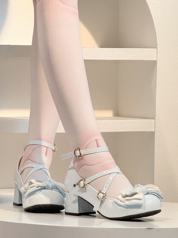 Sweet Blue - Mary Toe Lolita Round Top Kitty Mid-heel Buckle Janes Bow PU
