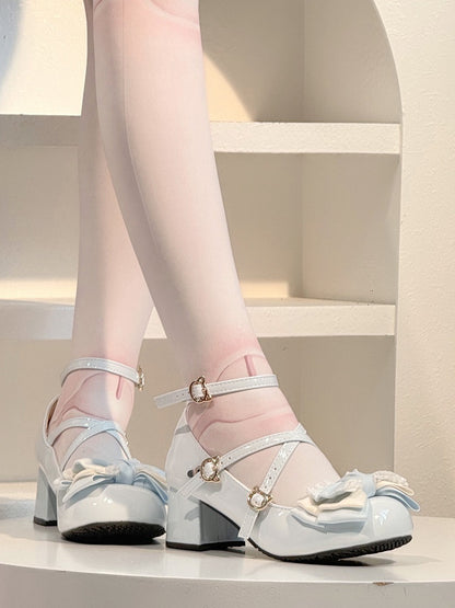 Sweet Blue - Mary Toe Lolita Round Top Kitty Mid-heel Buckle Janes Bow PU