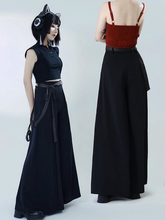 in Belt Zipper Back Chinese Black Pants - Style Wide-leg Hidden Matching