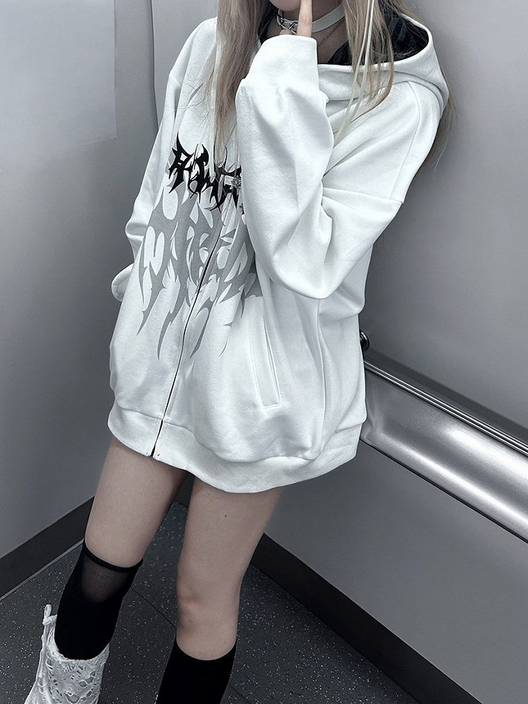 Dark Y2K Hooded White Zip Jacket with Gothic Tattoo Print - Alita26SS