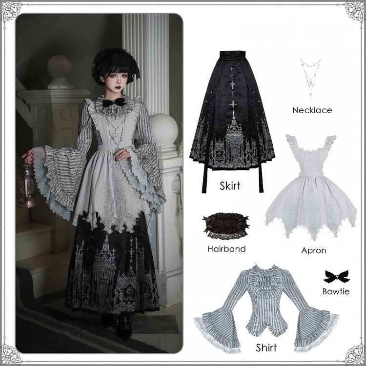 Set Bell Gothic Necklace - Sleeves Hairband Horse-face Lolita + Skirt Apron Shirt Han