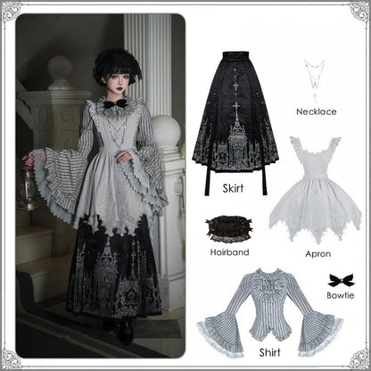 Set Bell Gothic Necklace - Sleeves Hairband Horse-face Lolita + Skirt Apron Shirt Han