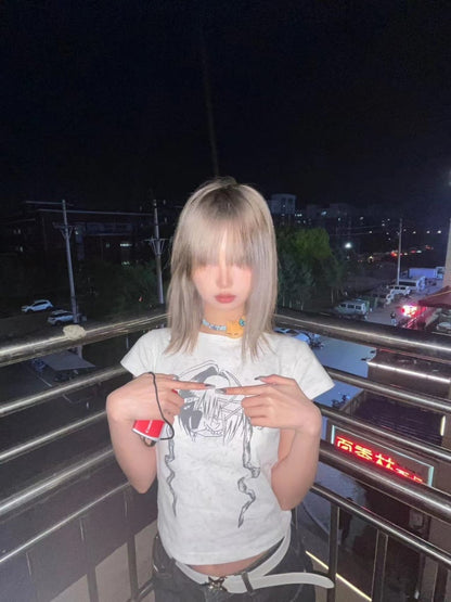 ライトグレー Y2K グラフィック Tシャツ