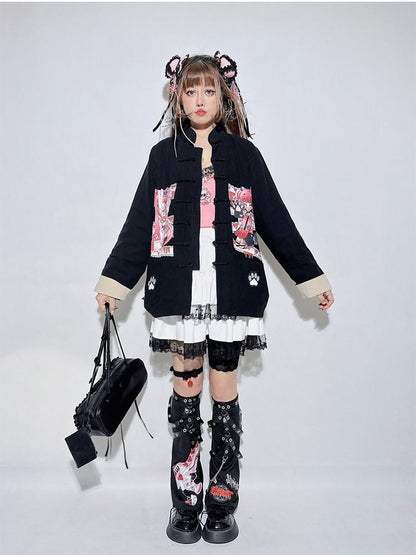 Black Cartoon Anime Banded Collar Oversized Top