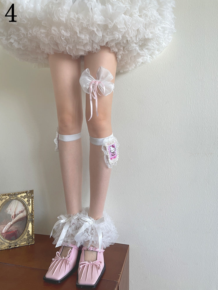 Underknee Print Leg Tulle Cuffs/Kitty Lace Stockings/Bowknot White Loop Ruffle