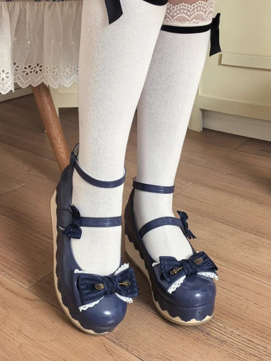 Blue Trim Striped Platforms Lace Top PU Lolita Scalloped Bow Hem with - Navy