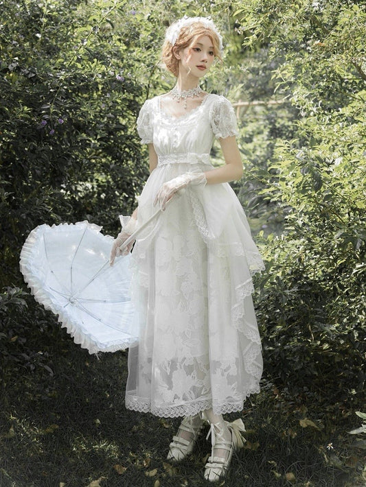 Langes Unterkleid im Slip-Stil, Kopfbedeckungen, Top, voll, Overlay-Version, kurzes Set + Lolita, Weiß, Empire