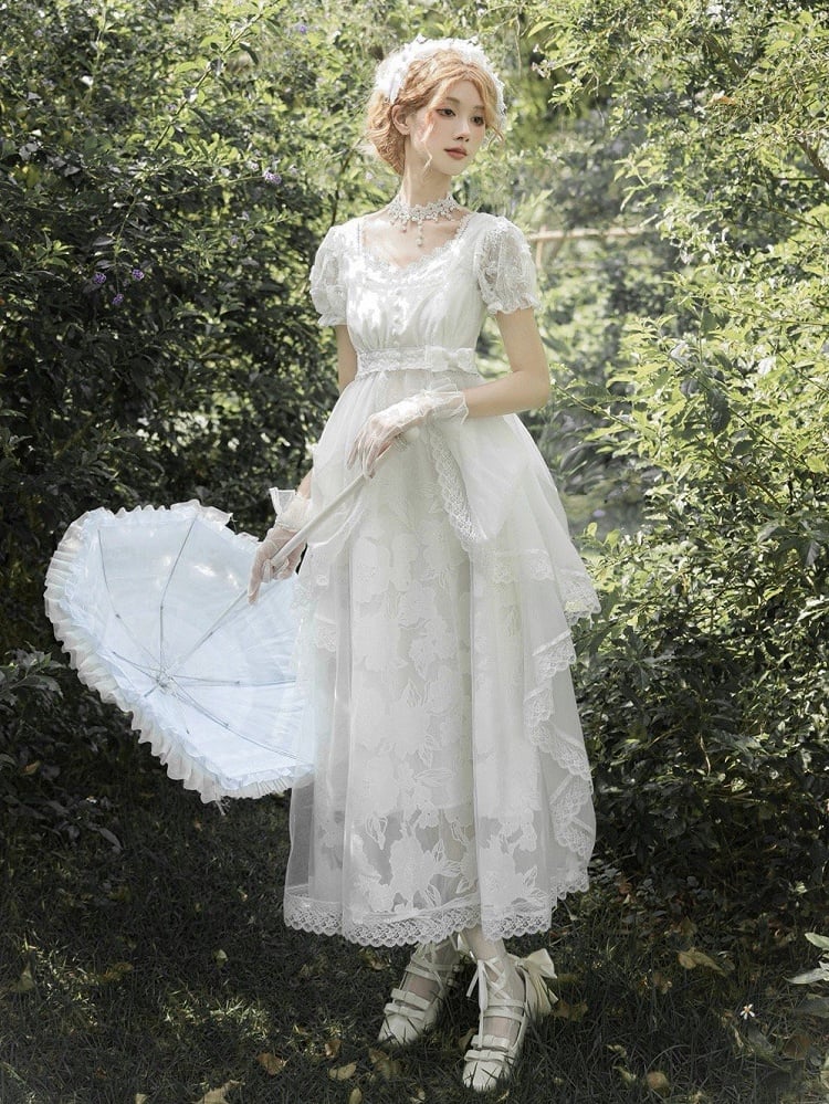 Version Slip Weißes langes Empire-Taillenkleid mit V-Ausschnitt, elegantes Lolita