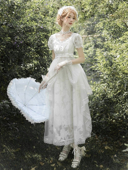 Version Slip Weißes langes Empire-Taillenkleid mit V-Ausschnitt, elegantes Lolita