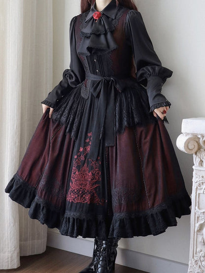 Details Dress with Square Neckline Embroidered Black Gothic Lace Red Lolita