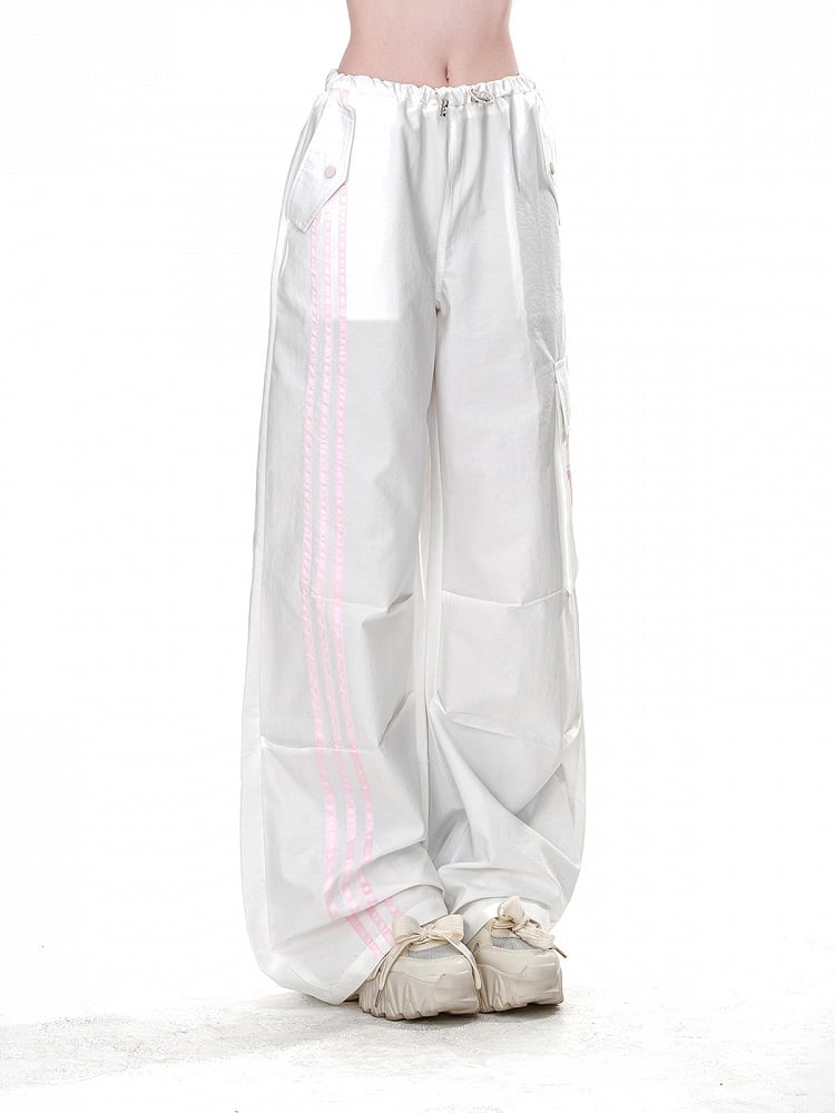 White Drawstring Waist Cargo Pockets Loose Straight-Leg Pants