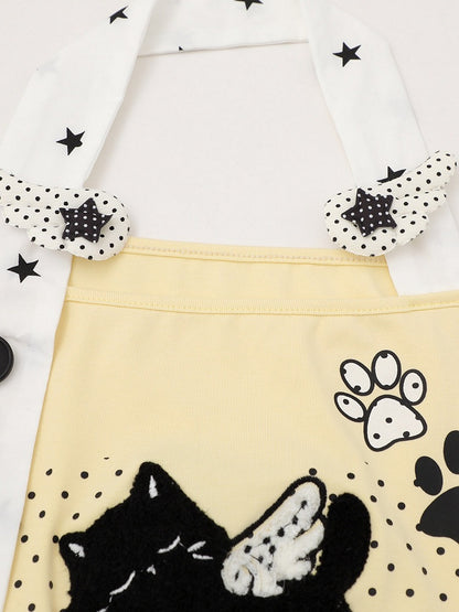 Halter Top with Kitten Embroidery & Polka Dots, Yellow, Short Sleeve - Languid Park