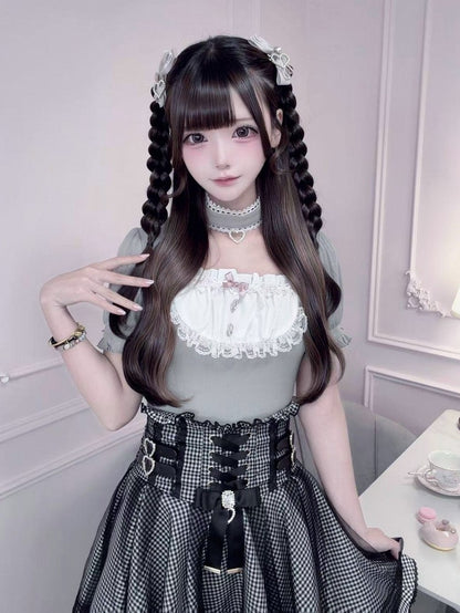 Light Gray Puff-Sleeve Square-Neck Top, Lace & Rhinestones, with Choker - Ostslheep