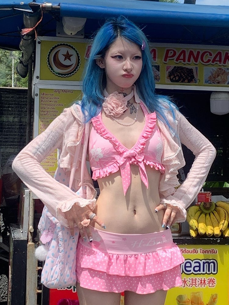 Ruffle Accents Semi-Sheer Trim Protection Pink Lace Sun Cascading Cardigan with