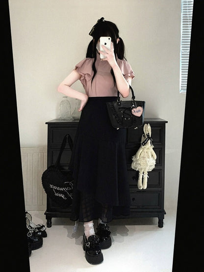 Asymmetrical Mermaid Skirt with Plaid Tulle, Seiso Style, 4 Colors - Kitty Bxllet