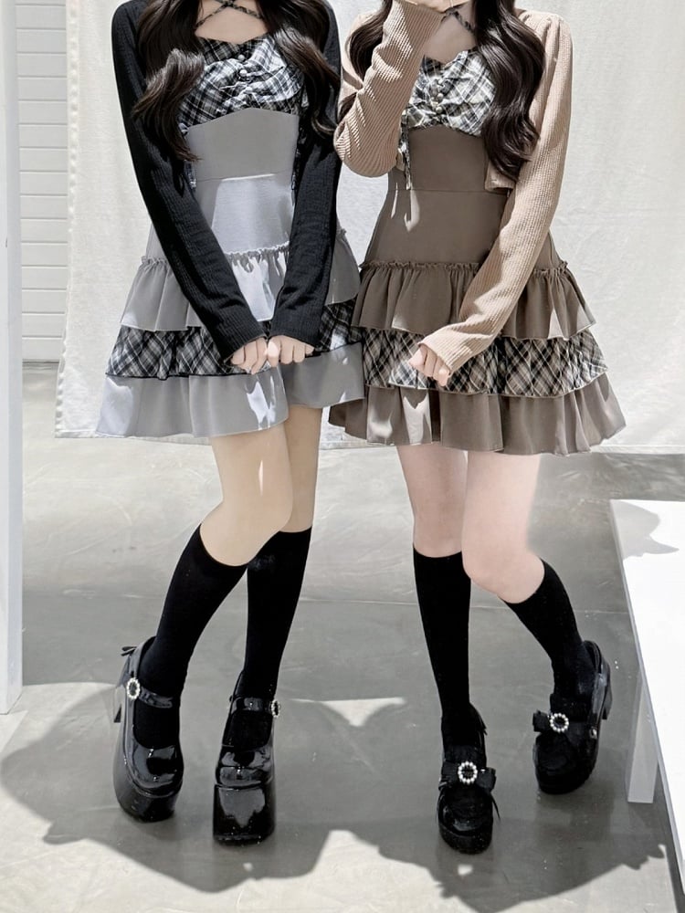 Gray Jirai-kei Plaid Halter Tiered Ruffle Dress with Black Knit Cardigan Set - GingaU