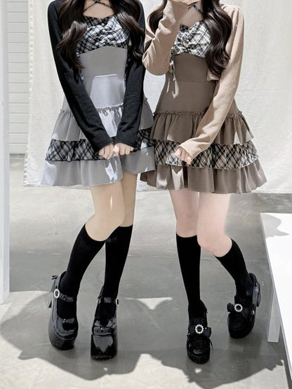 Chestnut Landmine Two-Piece Ensemble with Knit Cardigan and Plaid Halter Tiered Ruffle Dress - GingaU