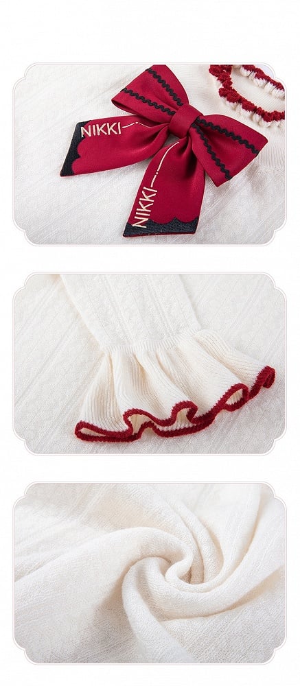 フリルアプリコット、リボン結び、ロングトップ、レッドスリーブ、ネックライン