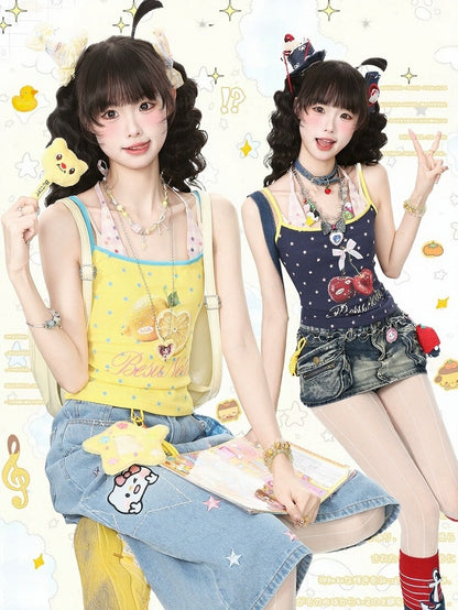 Sweet Cool Kawaii Yellow Fake Two-Piece Halter Camisole Top with Star and Lemon Prints - Languid Park