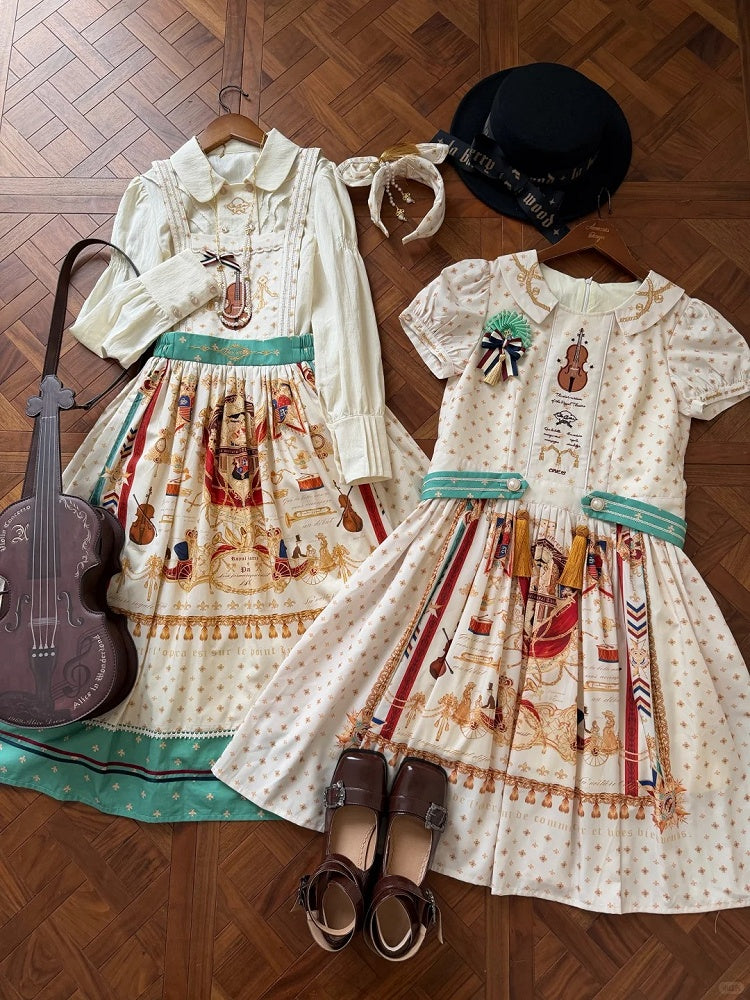 Short White Musical Print Peter Pan Collar OP Dress with Tassels - Crucis Universal Tailor Company