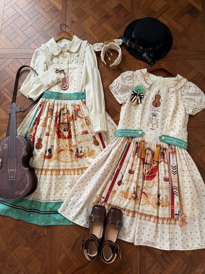 Short White Musical Print Peter Pan Collar OP Dress with Tassels - Crucis Universal Tailor Company
