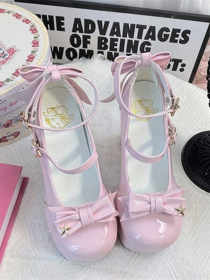 Star Bow Elegant Round-Toe Pink 12cm Snap Heels - Platform Height Lolita High with Details Heeled