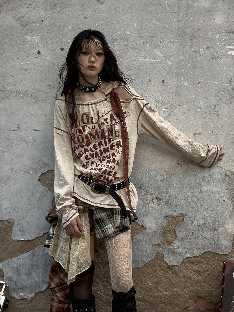 Letter Print Apricot Top Neck Punk Self-tie with Straps Distressed Cutout Wasteland Red