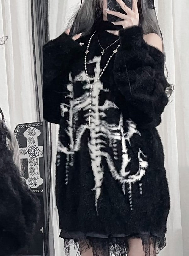 Subculture Black Print with Faux Fur Sweater One-Shoulder