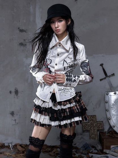 Vintage Punk Shorts Crisscross Plaid Black Skirt Tiered Built-In with Lacing