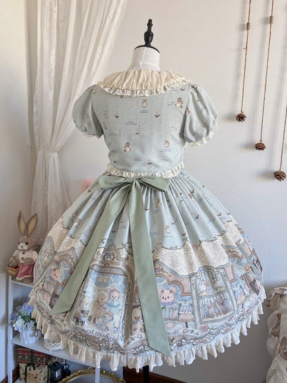 グリーンのスイートテディロリータドレスフェイクツーピースデザイン