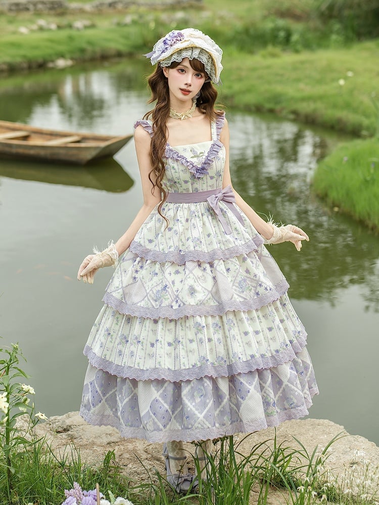Purple Floral Cat Print Tiered Jumper Dress - With PUJI