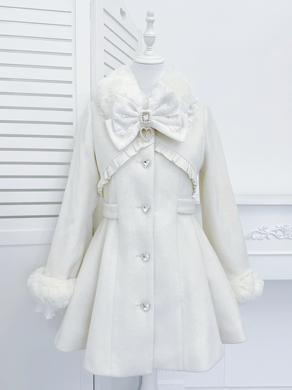 with Buttons Off-White Waist-Cinched Rhinestone Coat Heart Kei Jirai
